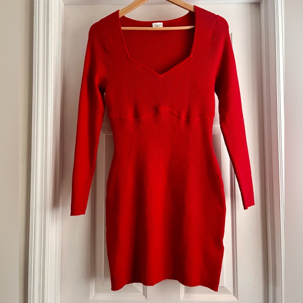 Abercrombie & Fitch Long Sleeve Corset Mini Sweater Dress Bodycon Silhouette Red